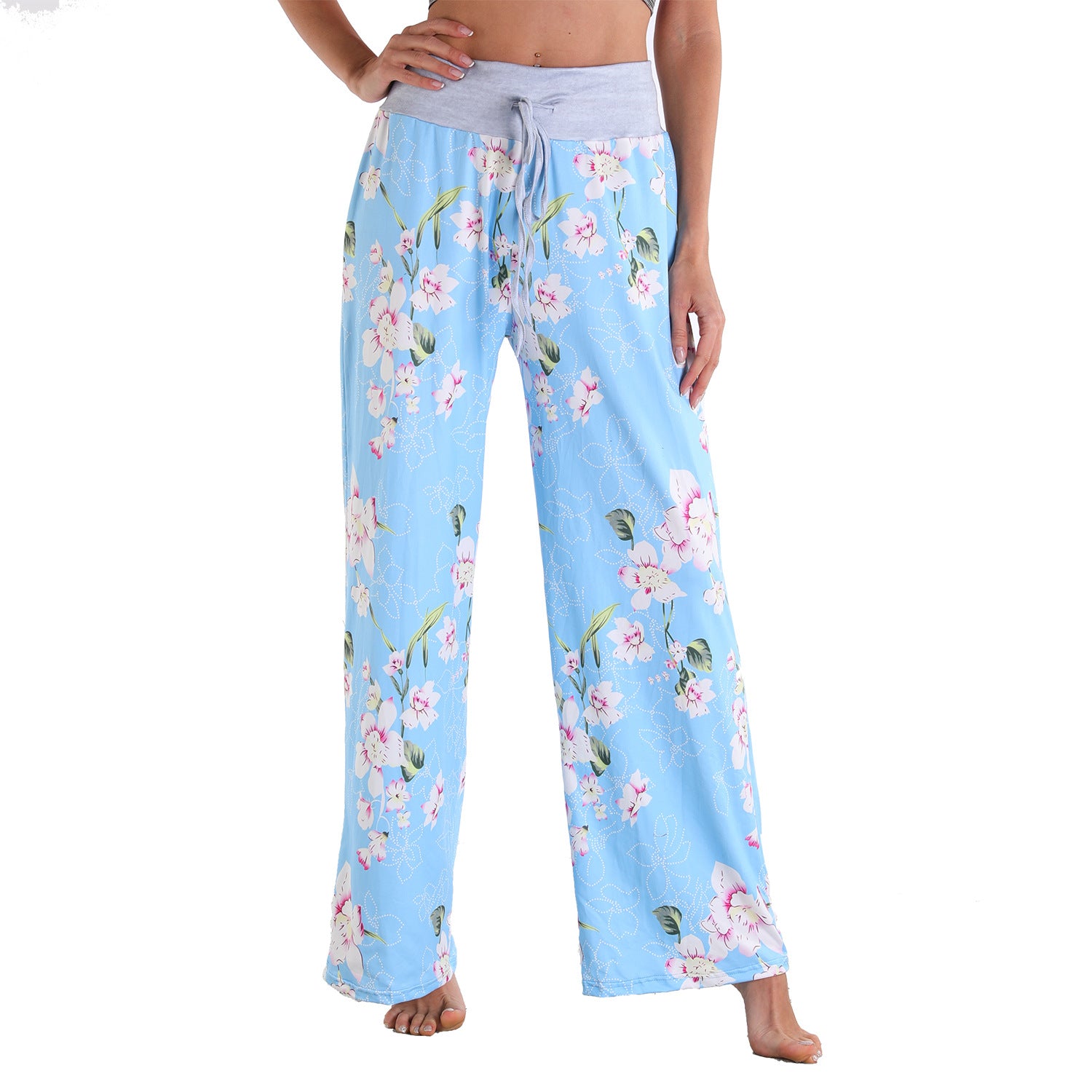 Leisure Sports Workout Gym Fitness Women Casual Pajamas Elastic Pocket Trousers Loose Fit Strap Blue Floral Printed Pants