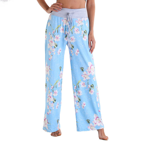 Leisure Sports Workout Gym Fitness Women Casual Pajamas Elastic Pocket Trousers Loose Fit Strap Blue Floral Printed Pants