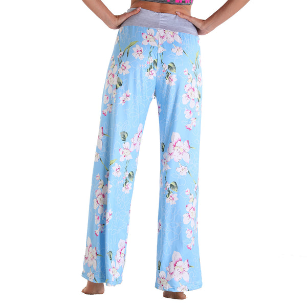 Leisure Sports Workout Gym Fitness Women Casual Pajamas Elastic Pocket Trousers Loose Fit Strap Blue Floral Printed Pants