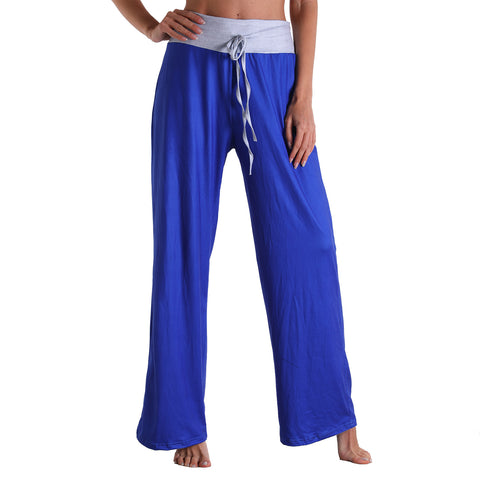 Leisure Sports Workout Gym Fitness Women Casual Pajamas Elastic Pocket Trousers Loose Fit Strap Royal Blue Solid Color Pants