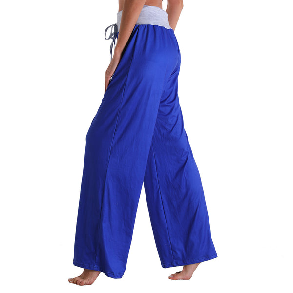 Leisure Sports Workout Gym Fitness Women Casual Pajamas Elastic Pocket Trousers Loose Fit Strap Royal Blue Solid Color Pants