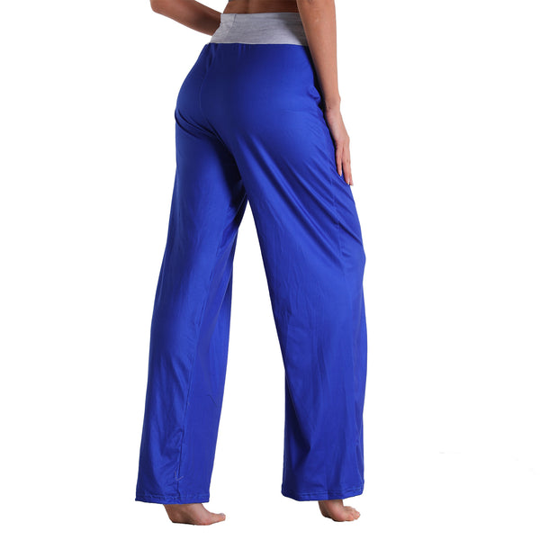 Leisure Sports Workout Gym Fitness Women Casual Pajamas Elastic Pocket Trousers Loose Fit Strap Royal Blue Solid Color Pants