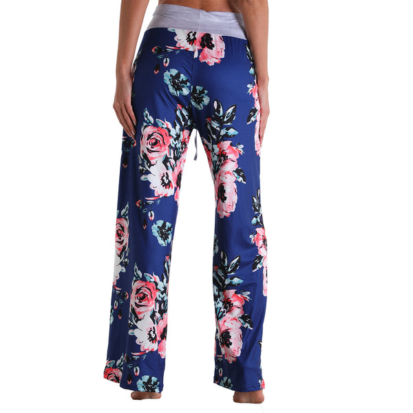 Leisure Sports Gym Fitness Women Elastic Drawstring Sweatpants Trousers Loose Fit Strap Royal Blue Floral Printed Pants
