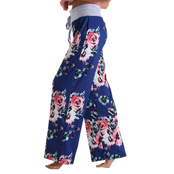 Leisure Sports Gym Fitness Women Elastic Drawstring Sweatpants Trousers Loose Fit Strap Royal Blue Floral Printed Pants