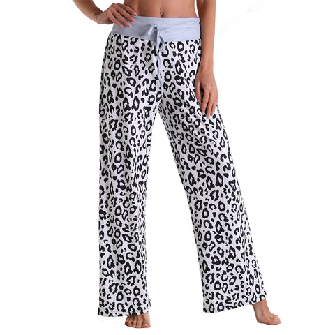 Leisure Sports Gym Fitness Women Elastic Drawstring Sweatpants Trousers Loose Fit Strap Leopard Palazzo Pattern Pants