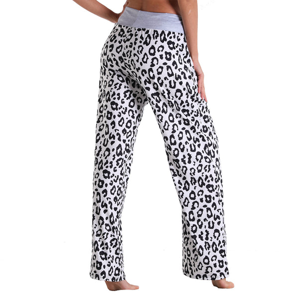 Leisure Sports Gym Fitness Women Elastic Drawstring Sweatpants Trousers Loose Fit Strap Leopard Palazzo Pattern Pants