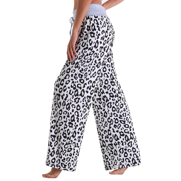 Leisure Sports Gym Fitness Women Elastic Drawstring Sweatpants Trousers Loose Fit Strap Leopard Palazzo Pattern Pants