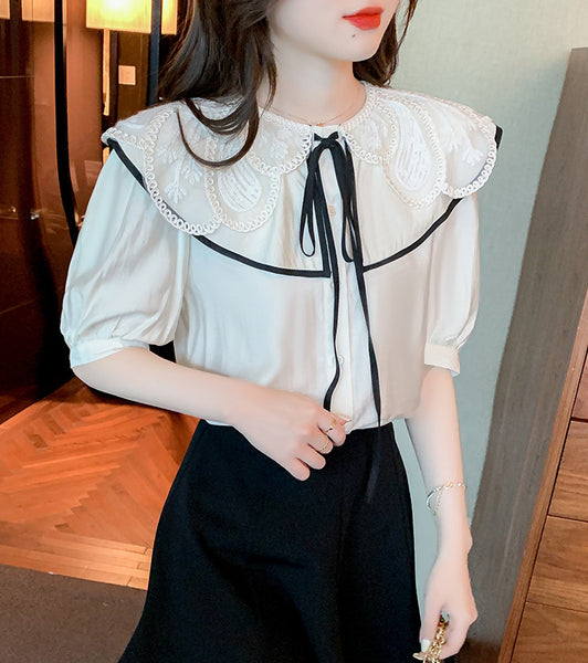 Summer Pretty Women Lace Collar Bow Tie Sweet Blouse White Petal Short Sleeved Top Shirt