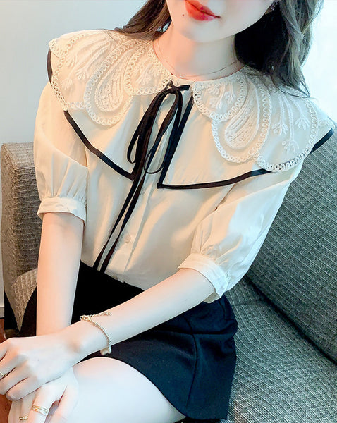 Summer Pretty Women Lace Collar Bow Tie Sweet Blouse White Petal Short Sleeved Top Shirt