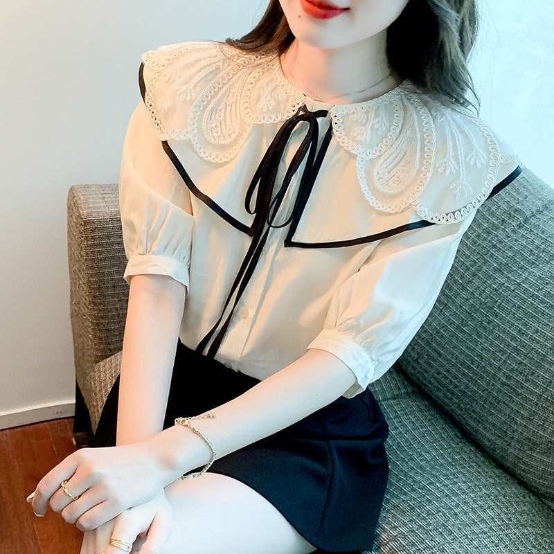 Summer Pretty Women Lace Collar Bow Tie Sweet Blouse White Petal Short Sleeved Top Shirt
