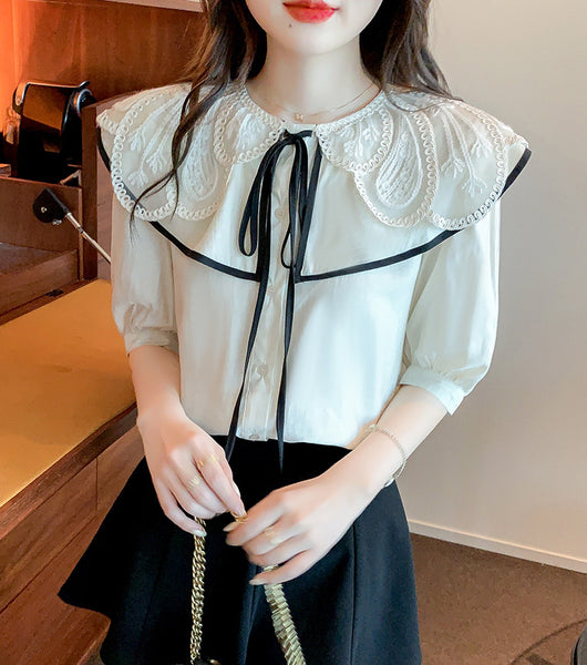 Summer Pretty Women Lace Collar Bow Tie Sweet Blouse White Petal Short Sleeved Top Shirt