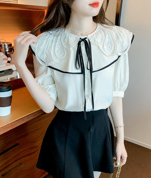 Summer Pretty Women Lace Collar Bow Tie Sweet Blouse White Petal Short Sleeved Top Shirt