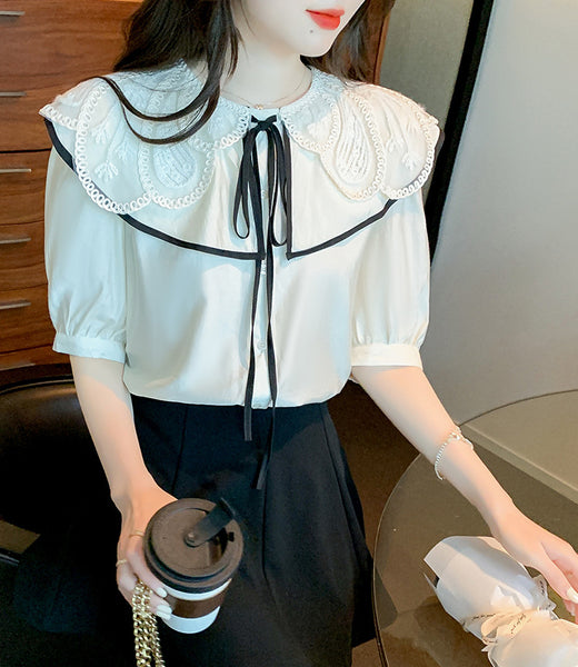 Summer Pretty Women Lace Collar Bow Tie Sweet Blouse White Petal Short Sleeved Top Shirt