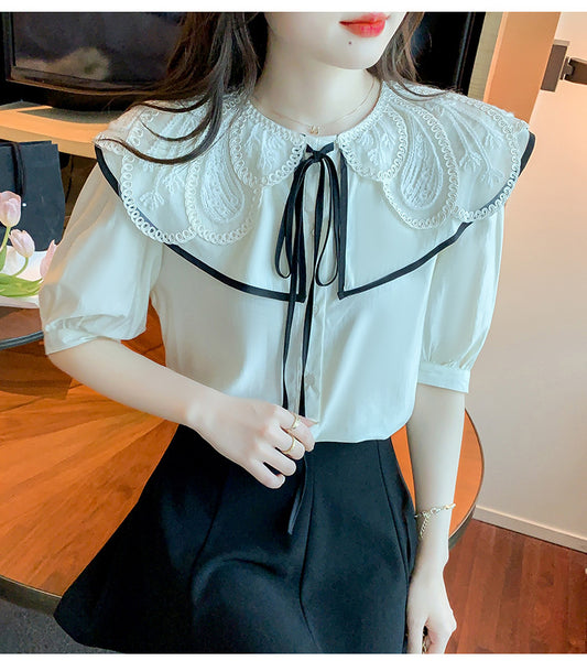 Summer Pretty Women Lace Collar Bow Tie Sweet Blouse White Petal Short Sleeved Top Shirt