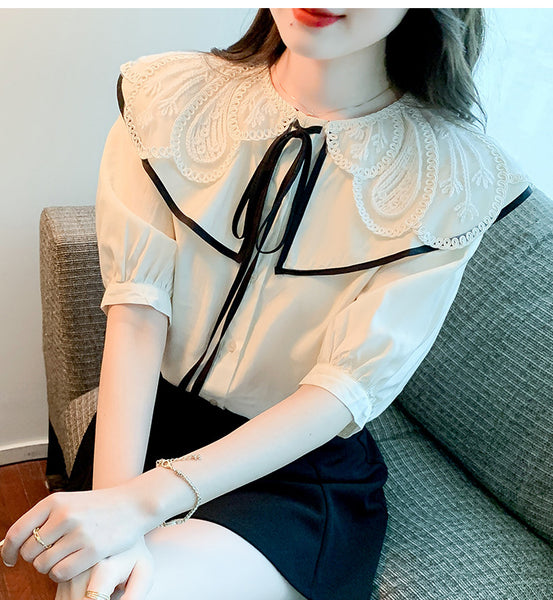 Summer Pretty Women Lace Collar Bow Tie Sweet Blouse White Petal Short Sleeved Top Shirt