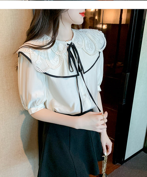 Summer Pretty Women Lace Collar Bow Tie Sweet Blouse White Petal Short Sleeved Top Shirt
