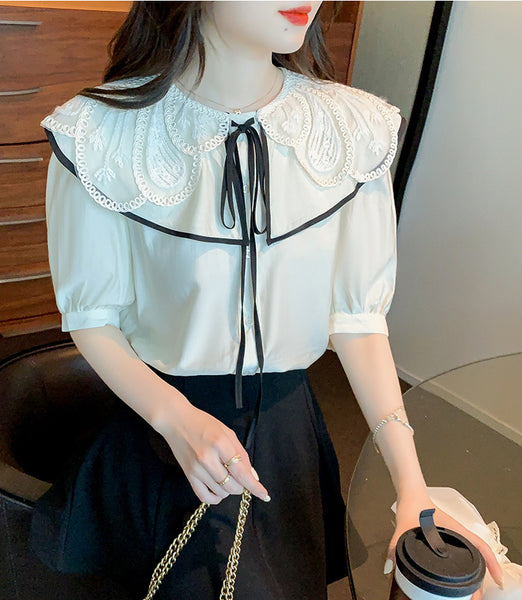 Summer Pretty Women Lace Collar Bow Tie Sweet Blouse White Petal Short Sleeved Top Shirt