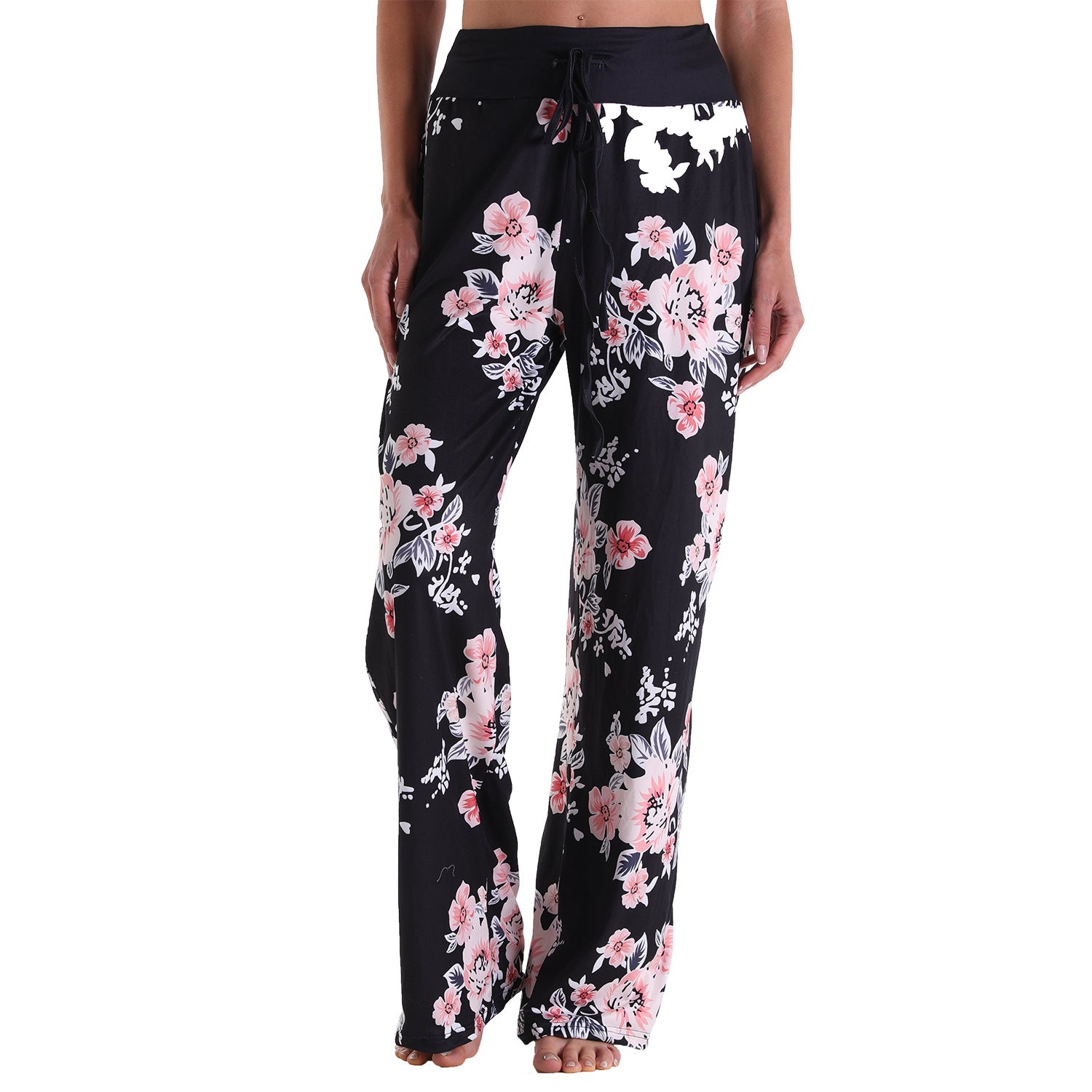 Leisure Sports Gym Fitness Women Elastic Drawstring Sleep Pajamas Trousers Loose Fit Strap Black Floral Printed Pants