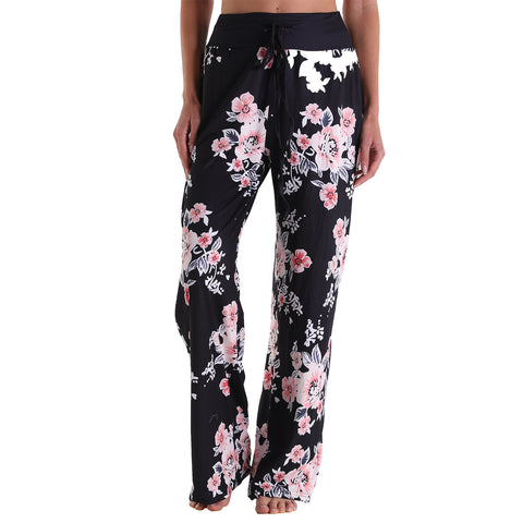 Leisure Sports Gym Fitness Women Elastic Drawstring Sleep Pajamas Trousers Loose Fit Strap Black Floral Printed Pants