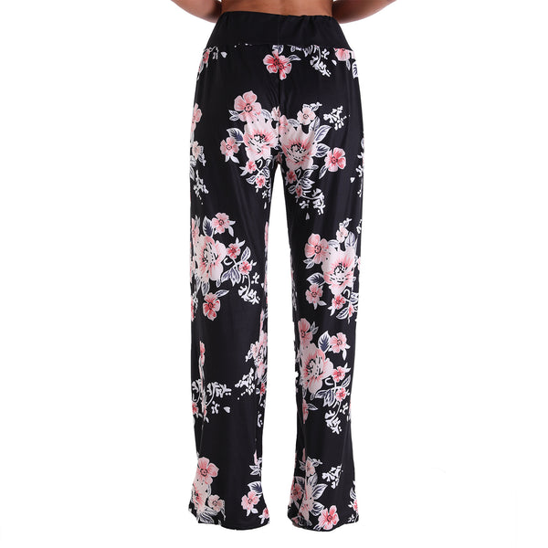 Leisure Sports Gym Fitness Women Elastic Drawstring Sleep Pajamas Trousers Loose Fit Strap Black Floral Printed Pants