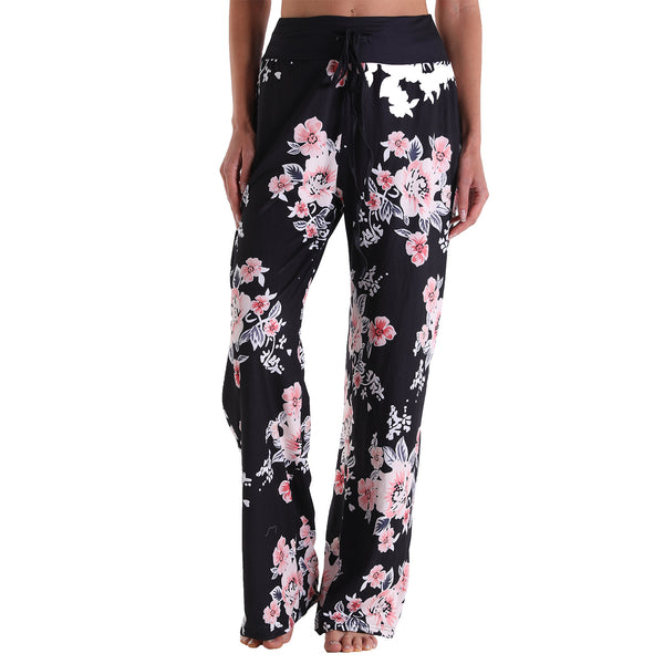 Leisure Sports Gym Fitness Women Elastic Drawstring Sleep Pajamas Trousers Loose Fit Strap Black Floral Printed Pants