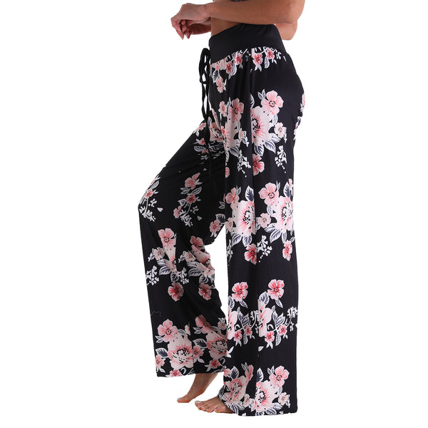 Leisure Sports Gym Fitness Women Elastic Drawstring Sleep Pajamas Trousers Loose Fit Strap Black Floral Printed Pants