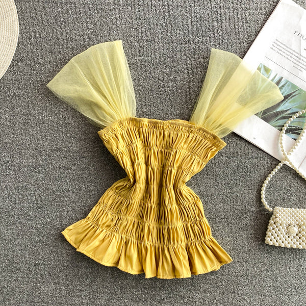 Trendy Style Summer Holiday Women Wrinkled Mesh Stitching Camisole Ruffle Waist Short Top Vest Blouse