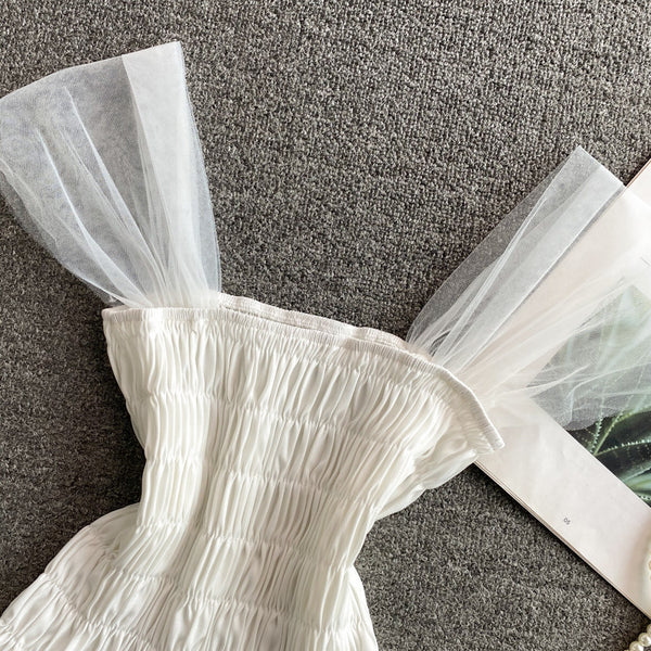 Trendy Style Summer Holiday Women Wrinkled Mesh Stitching Camisole Ruffle Waist Short Top Vest Blouse