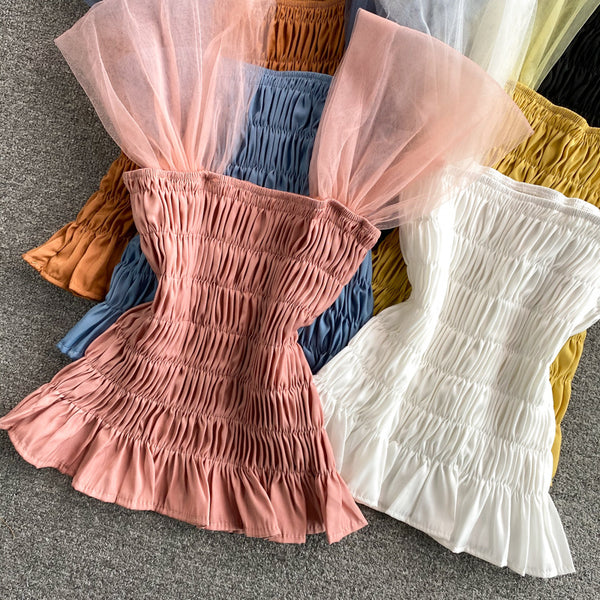 Trendy Style Summer Holiday Women Wrinkled Mesh Stitching Camisole Ruffle Waist Short Top Vest Blouse