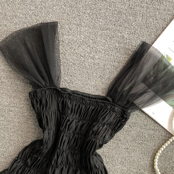 Trendy Style Summer Holiday Women Wrinkled Mesh Stitching Camisole Ruffle Waist Short Top Vest Blouse