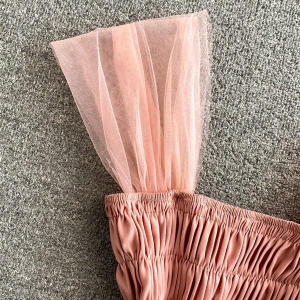 Trendy Style Summer Holiday Women Wrinkled Mesh Stitching Camisole Ruffle Waist Short Top Vest Blouse