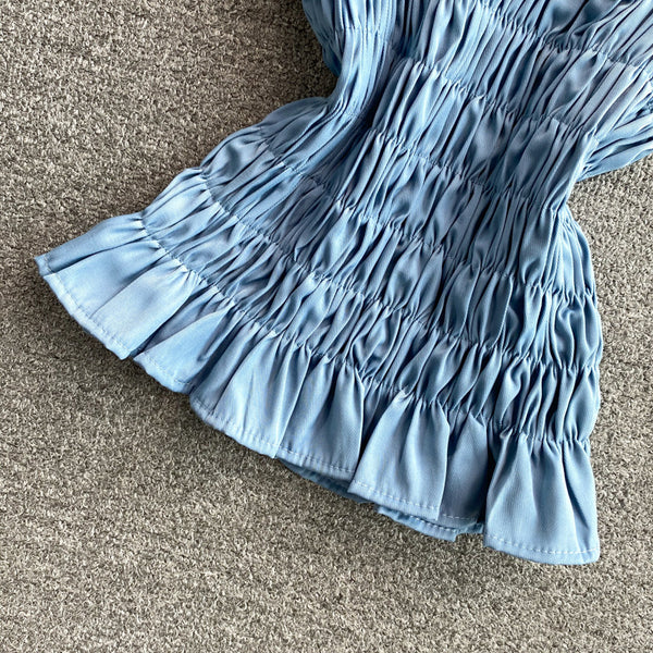 Trendy Style Summer Holiday Women Wrinkled Mesh Stitching Camisole Ruffle Waist Short Top Vest Blouse