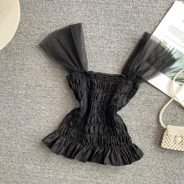 Trendy Style Summer Holiday Women Wrinkled Mesh Stitching Camisole Ruffle Waist Short Top Vest Blouse