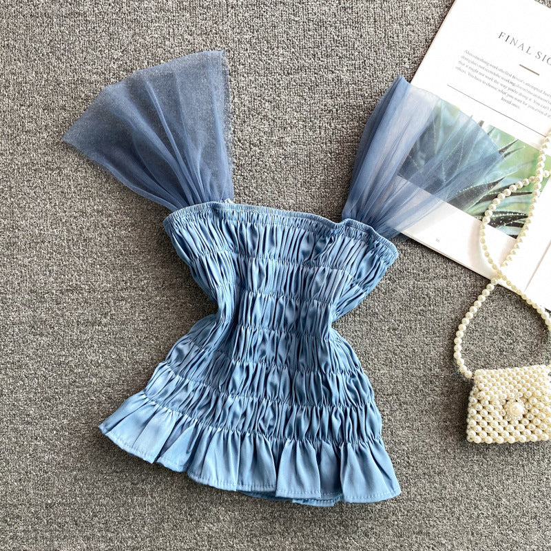 Trendy Style Summer Holiday Women Wrinkled Mesh Stitching Camisole Ruffle Waist Short Top Vest Blouse