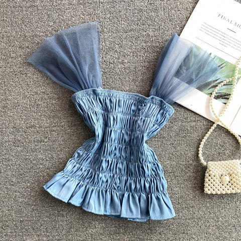 Trendy Style Summer Holiday Women Wrinkled Mesh Stitching Camisole Ruffle Waist Short Top Vest Blouse