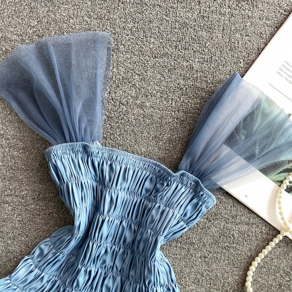 Trendy Style Summer Holiday Women Wrinkled Mesh Stitching Camisole Ruffle Waist Short Top Vest Blouse