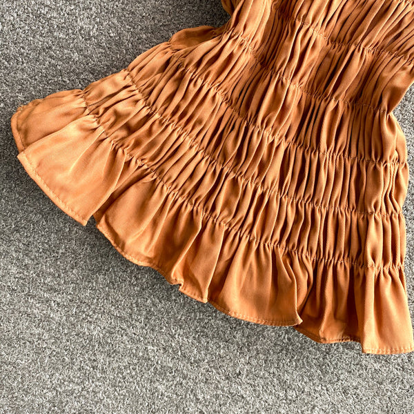 Trendy Style Summer Holiday Women Wrinkled Mesh Stitching Camisole Ruffle Waist Short Top Vest Blouse