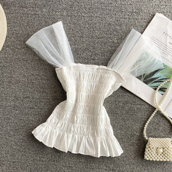 Trendy Style Summer Holiday Women Wrinkled Mesh Stitching Camisole Ruffle Waist Short Top Vest Blouse