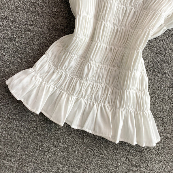 Trendy Style Summer Holiday Women Wrinkled Mesh Stitching Camisole Ruffle Waist Short Top Vest Blouse