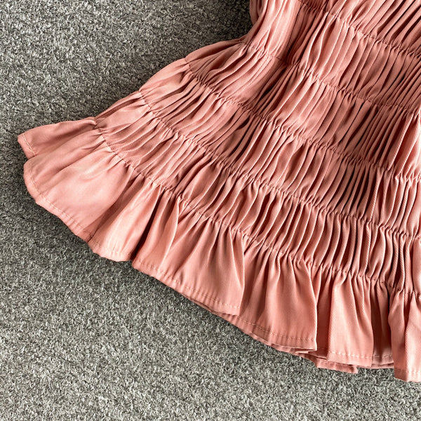 Trendy Style Summer Holiday Women Wrinkled Mesh Stitching Camisole Ruffle Waist Short Top Vest Blouse