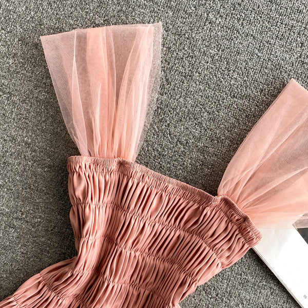 Trendy Style Summer Holiday Women Wrinkled Mesh Stitching Camisole Ruffle Waist Short Top Vest Blouse