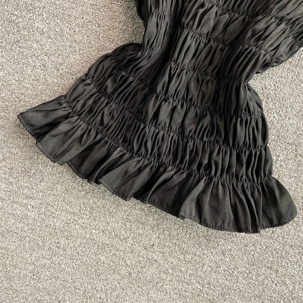 Trendy Style Summer Holiday Women Wrinkled Mesh Stitching Camisole Ruffle Waist Short Top Vest Blouse