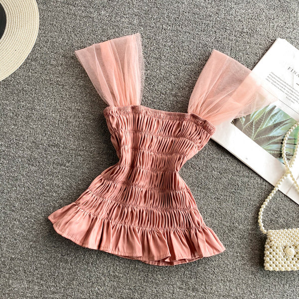 Trendy Style Summer Holiday Women Wrinkled Mesh Stitching Camisole Ruffle Waist Short Top Vest Blouse