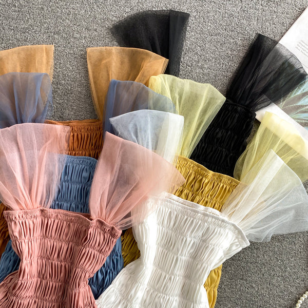 Trendy Style Summer Holiday Women Wrinkled Mesh Stitching Camisole Ruffle Waist Short Top Vest Blouse