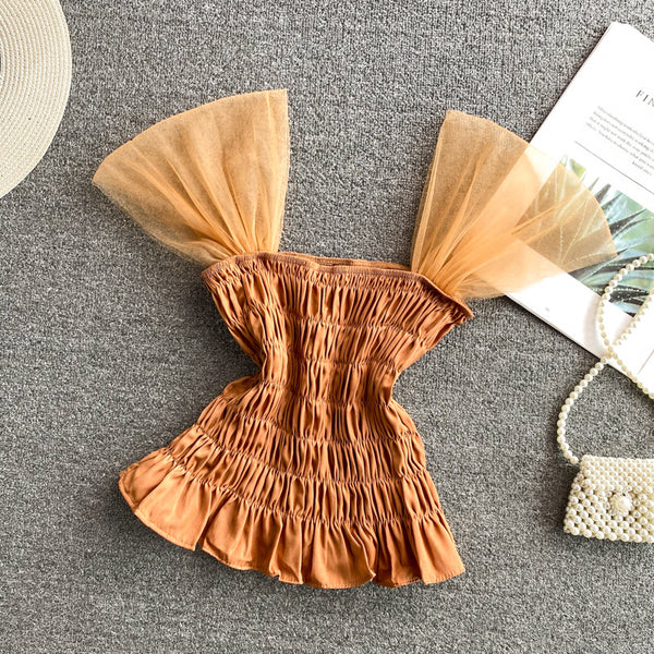 Trendy Style Summer Holiday Women Wrinkled Mesh Stitching Camisole Ruffle Waist Short Top Vest Blouse