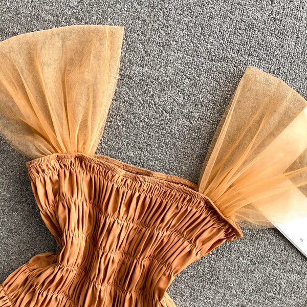 Trendy Style Summer Holiday Women Wrinkled Mesh Stitching Camisole Ruffle Waist Short Top Vest Blouse