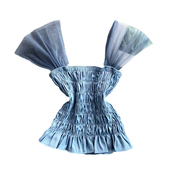 Trendy Style Summer Holiday Women Wrinkled Mesh Stitching Camisole Ruffle Waist Short Top Vest Blouse