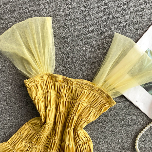 Trendy Style Summer Holiday Women Wrinkled Mesh Stitching Camisole Ruffle Waist Short Top Vest Blouse