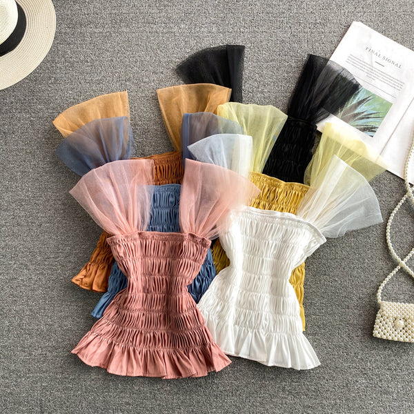 Trendy Style Summer Holiday Women Wrinkled Mesh Stitching Camisole Ruffle Waist Short Top Vest Blouse