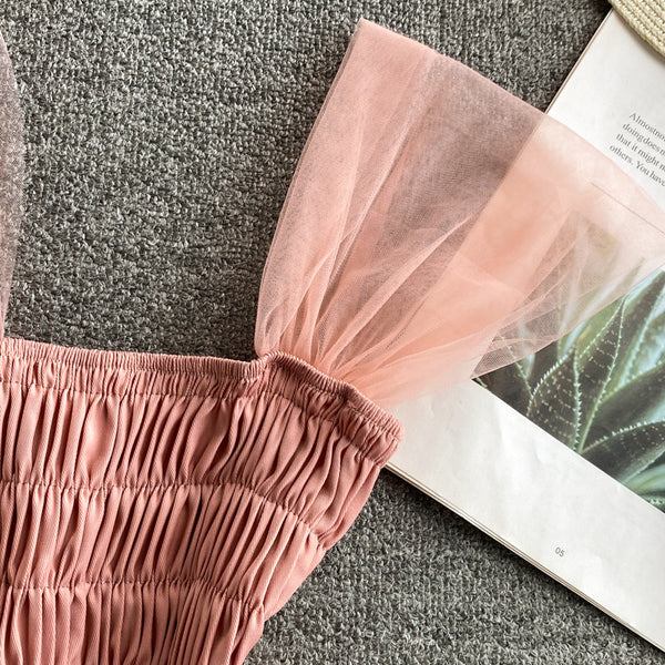 Trendy Style Summer Holiday Women Wrinkled Mesh Stitching Camisole Ruffle Waist Short Top Vest Blouse